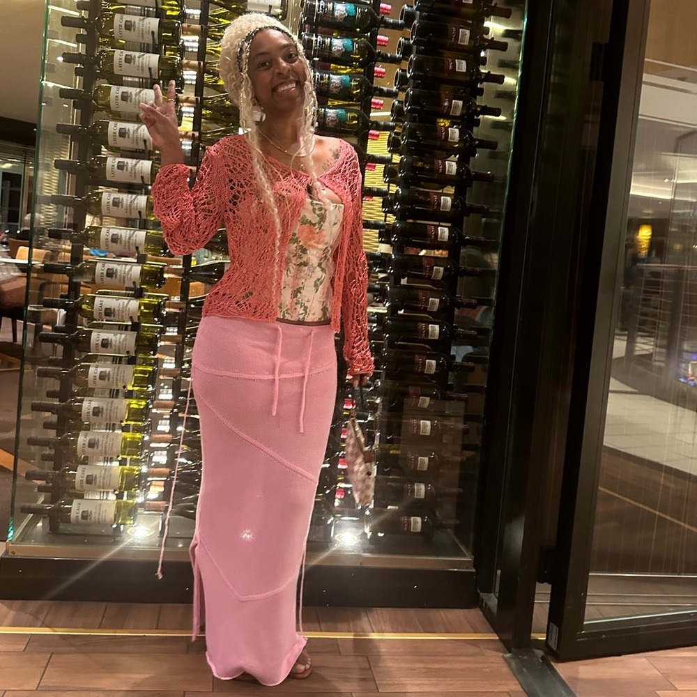 Pink Knit Drawstring Maxi Skirt